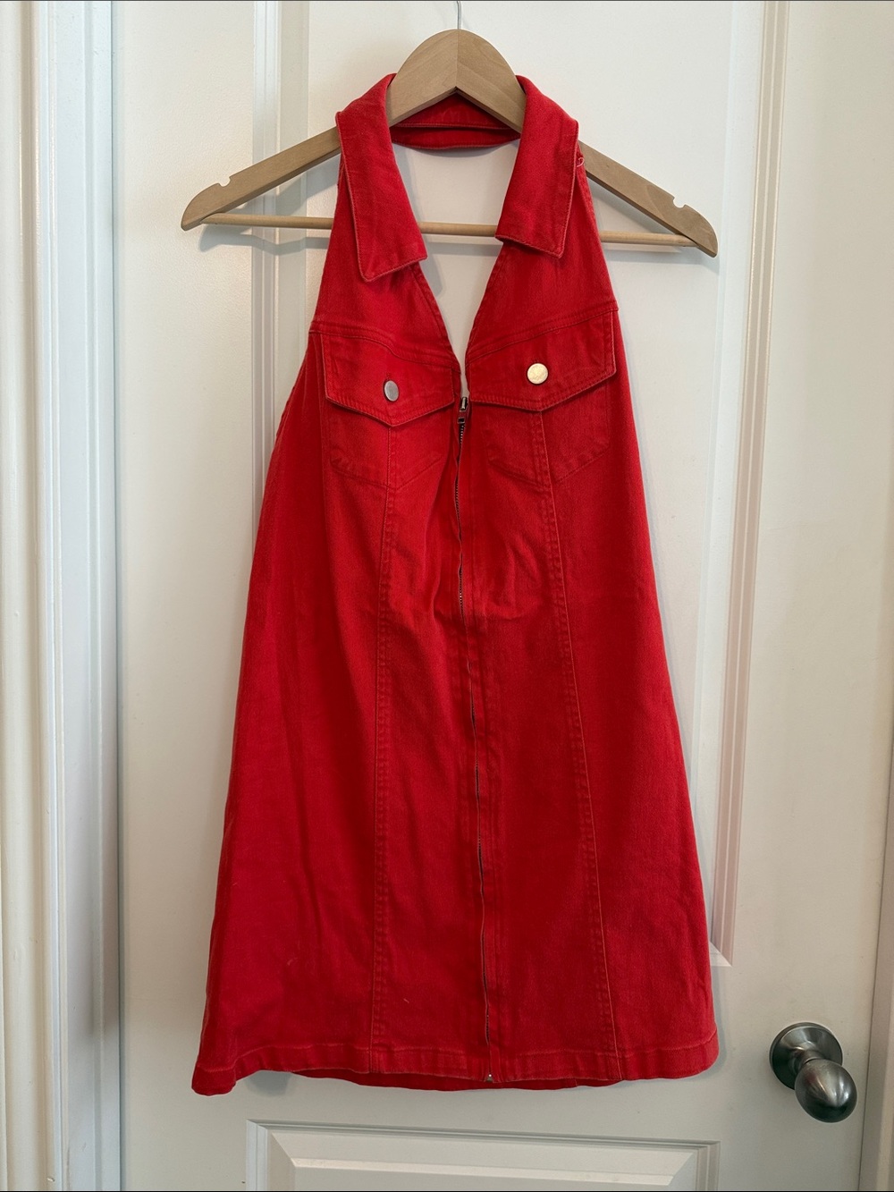 Red Halter Zip-Front Denim Dress